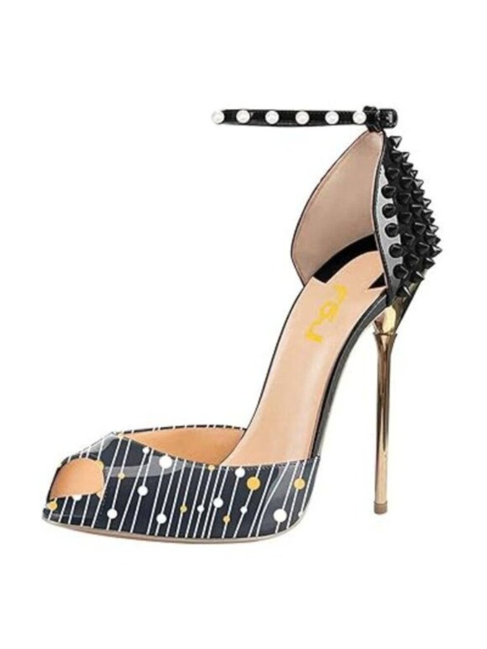 FSJ Lines-black Spikes Rivets Sandals Stiletto High Heels Ankle Strap Shoes